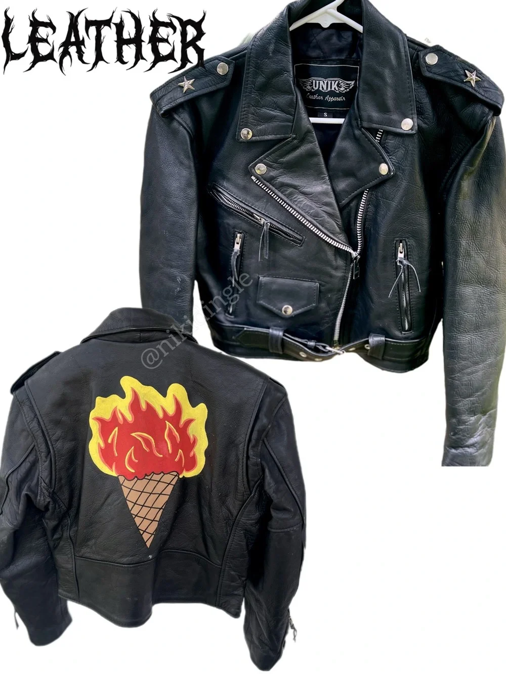 Vintage Custom painted Cropped Moto Biker Leather Jacket Motorcycle XS S